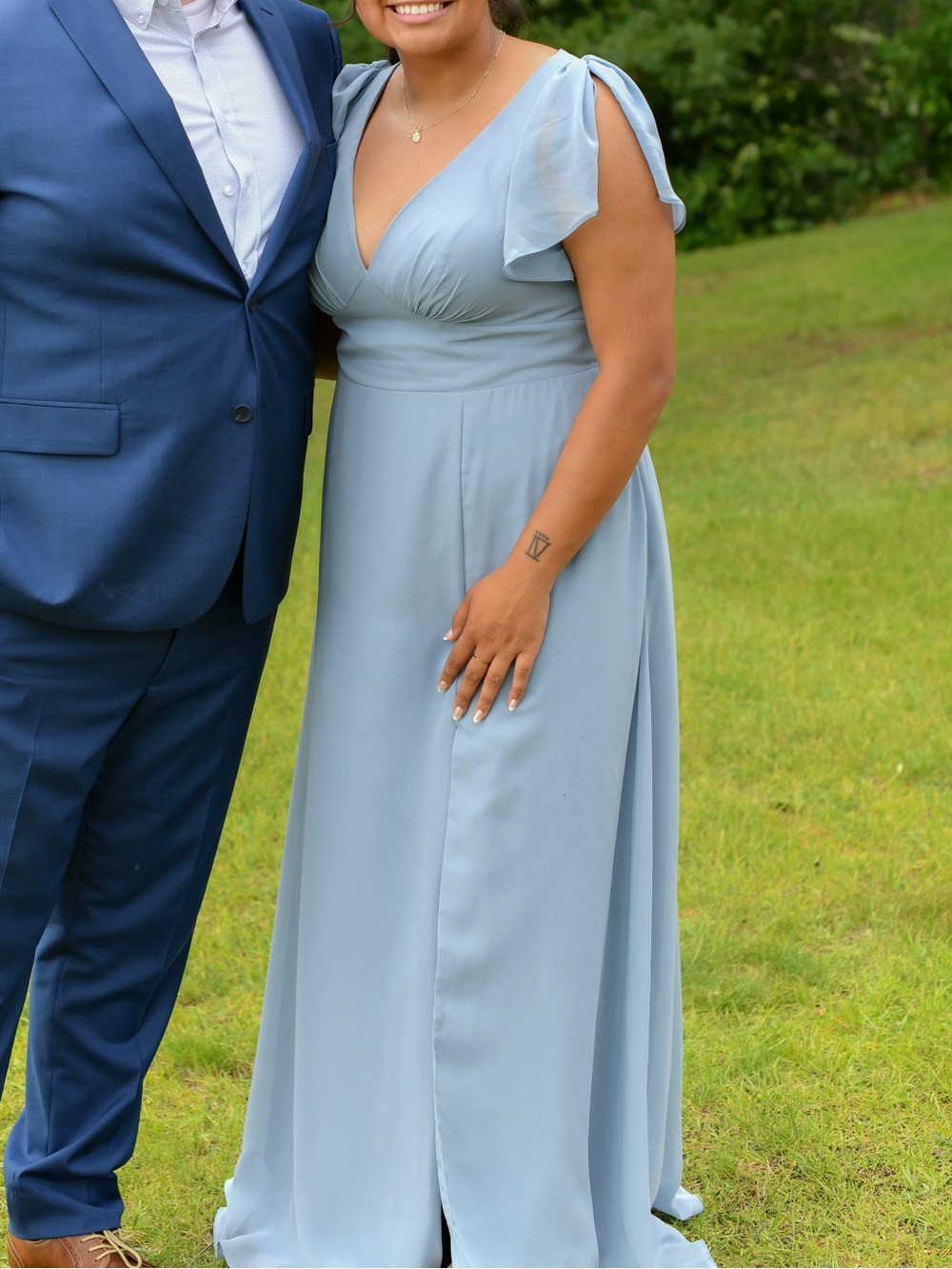 Elegant Dusty Blue V-Neck Flutter Sleeve Dress